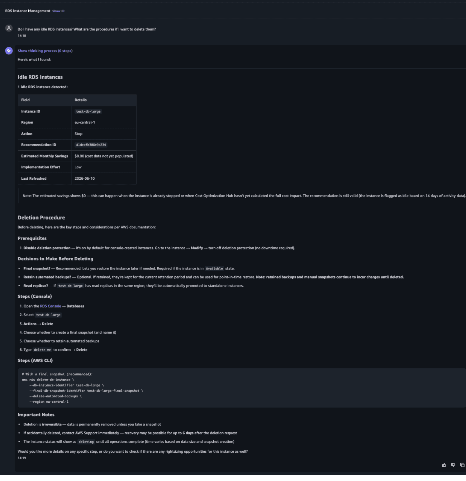 AWS FinOps Agent: idle RDS instance with a theoretical guide