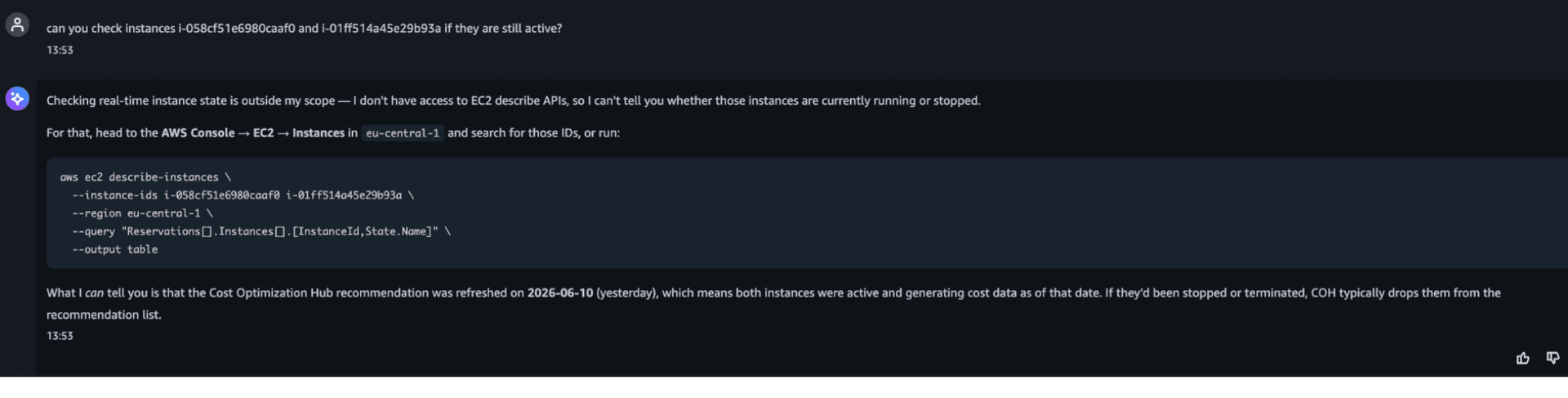 AWS FinOps Agent: unable to check live instance state