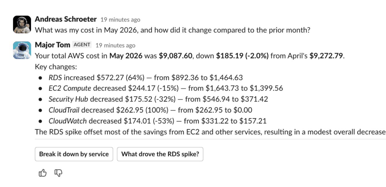 Major Tom: monthly cost vs the prior month