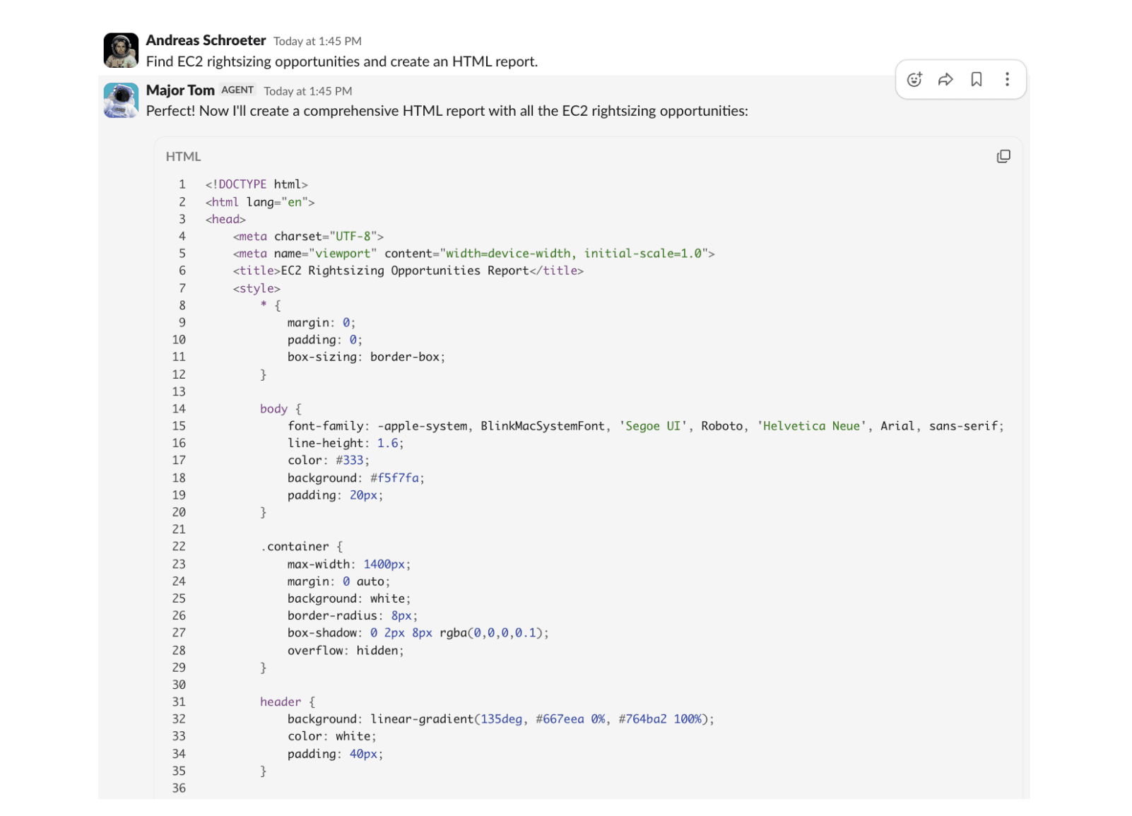 Major Tom: HTML report as raw code