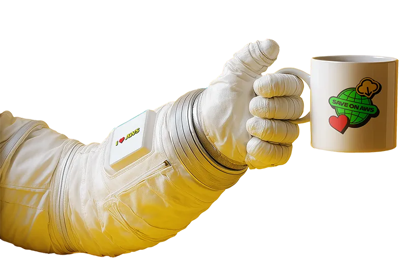 Astronaut hand holding mug